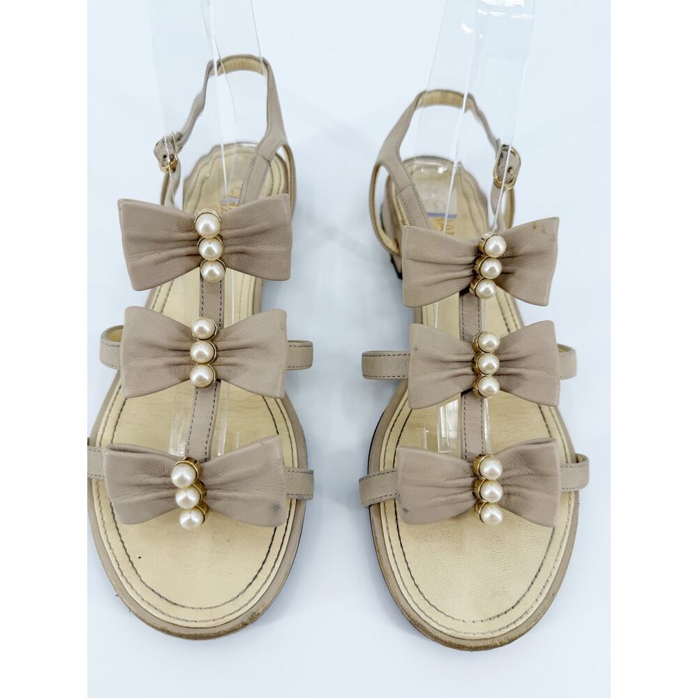 Chanel Sandals Flat CC Logo Beige Tan Pearl Triple Bow Grosgrain Ankle Size 37